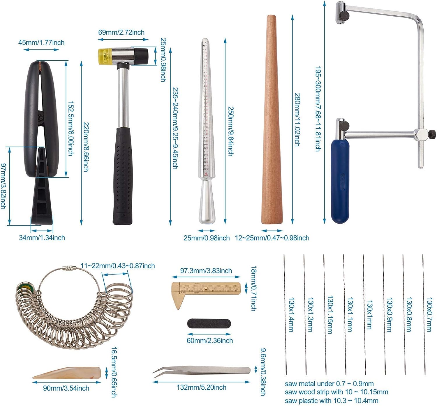 Mega Pet Jewelry Ring Sizer Measuring Tool Sets with Metal Mandrel Finger Sizing Measuring Stick, Wood Ring Enlarger Stick, Ring Sizer Gauges, Jewelers Hammer, Sawbow U-Shape Hacksaw, Ring Clamp