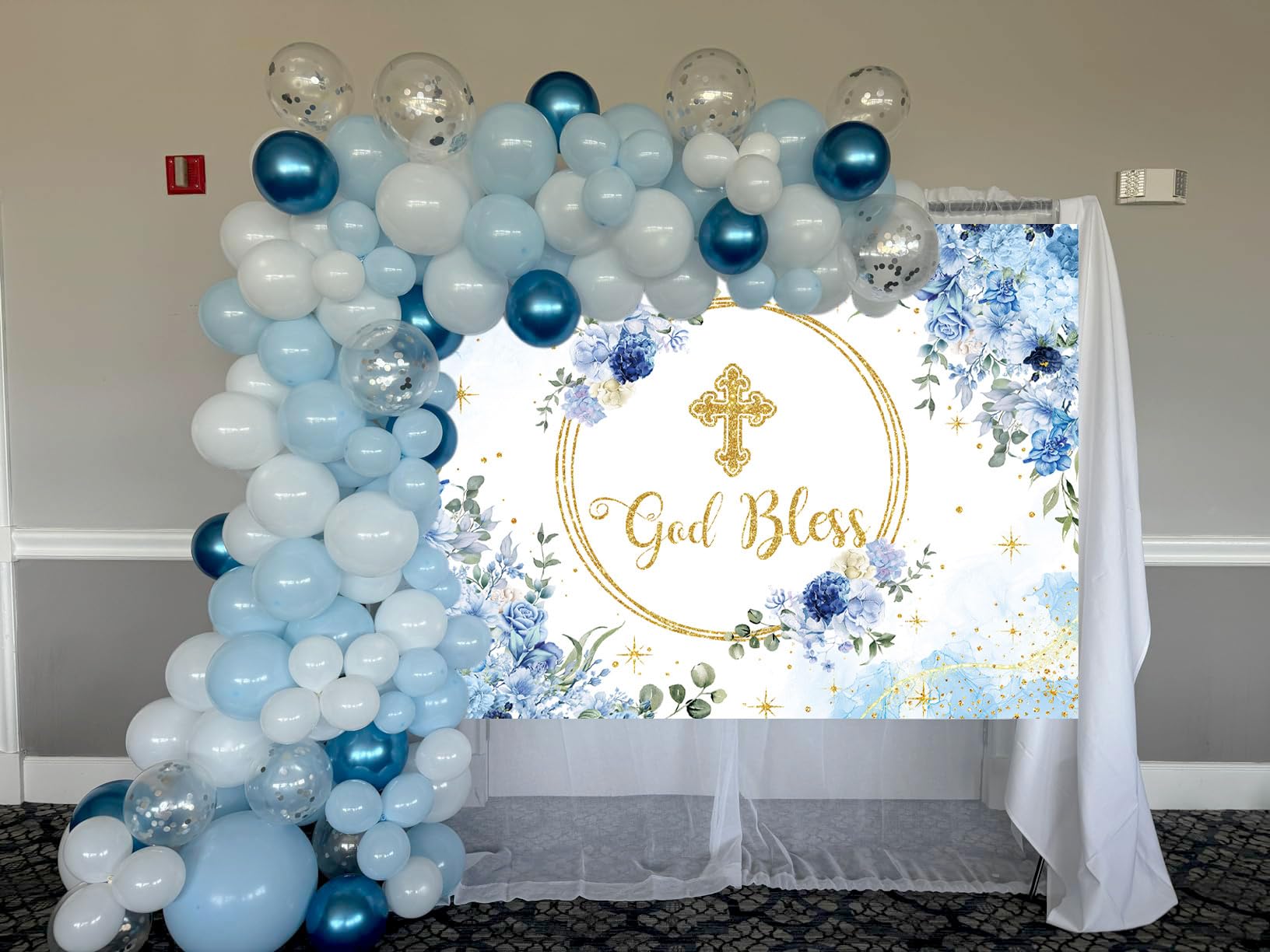 Baptism Banner God Bless Backdrop Blue Baptism Party Background First Holy  Communion Christening Banner Newborn Baby Shower Decorations Photo Props  Background (8X6FT (240x180cm First Communion Decorations Backdrop, image size:1632x1224