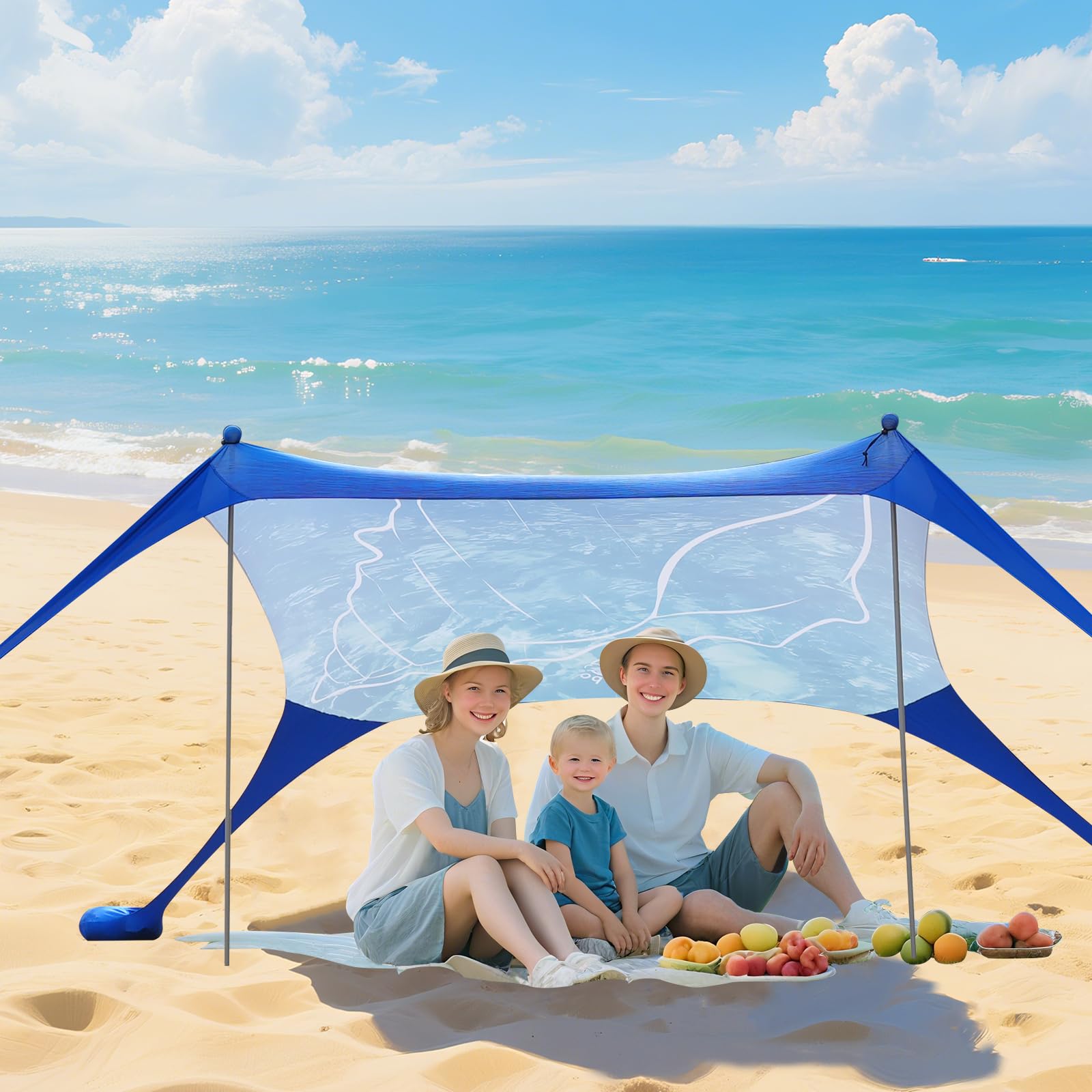 Tenda da spiaggia Pop Up 160 x 200 cm stampa 3D piccola protezione solare UPF50, per esterni, cortile, spiaggia, campeggio, con aste di stabilitàConchiglia blu