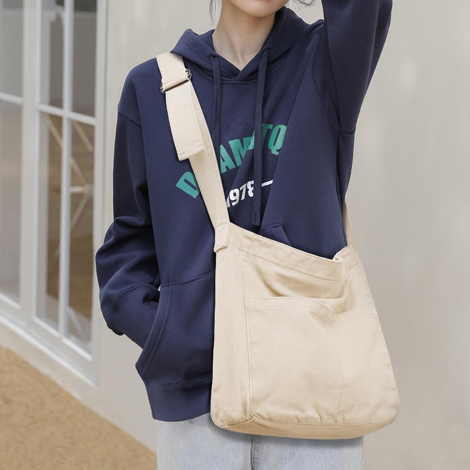 Etercycle Canvas Tote Bag for Women, Large Crossbody Hobo Bag Casual Shoulder Bag Shopping Handbags Messenger Bags (Beige) - Image 7