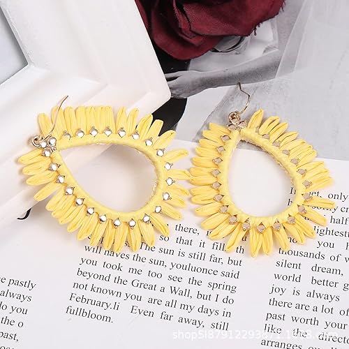 Miniatura 2 de Caiyao Aretes de lágrima tejida de rafia bohemia para mujer, hechos a mano, aretes colgantes de rafia para niñas, joyería de verano para playa y