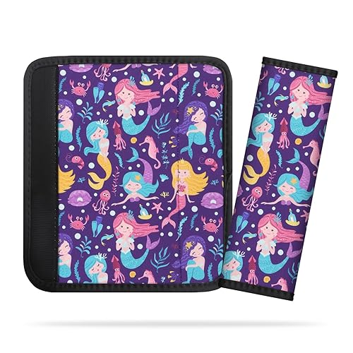 Miniatura 10 de Paquete de 2 fundas para cinturón de seguridad para niños, lindo patrón de sirena, almohadillas para cinturón de seguridad de automóvil para niñas