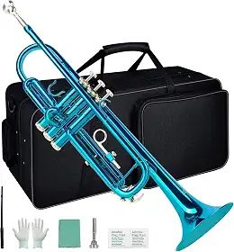 VEDO Kit para iniciantes de trompete em Si bemol, instrumento de sopro de metal para estudantes, estojo rígido, ferramentas de limpeza, bocal 7C e luvas. (Verde)