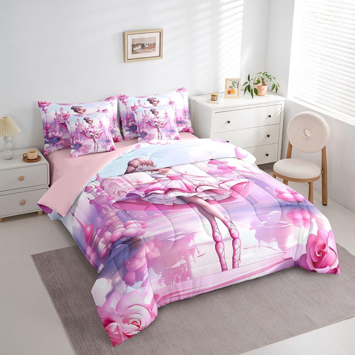 Feelyou Ballet Comforter Set Queen Size 7 Pieces Comforters Ballerina Design Bedding Set Cute Little Dancers Bed Set Bed in a Bag with Comforter, Sheets, Pillowcases & Cushion Covers