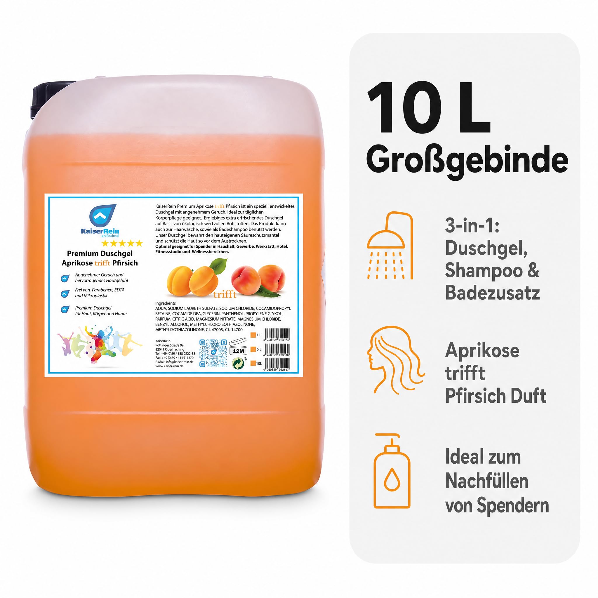 KaiserRein Duschgel Aprikose-Pfirsich, 10 L Nachfüllkanister, 3-in-1 Duschgel Shampoo Badezusatz, für Spender, fruchtiger Duft, mikroplastikfrei, ohne Parabene & EDTA