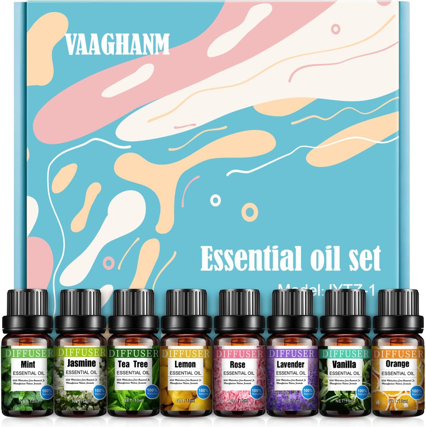 Essential Oils for Diffusers for Home, VAAGHANM 8x10ML Aromatherapy Oils Set-Tea Tree,Mint,Jasmine,Vanilla,Lemon,Rose,Orange and Lavender Essential Oils for Humidifier,Diffusers,Home