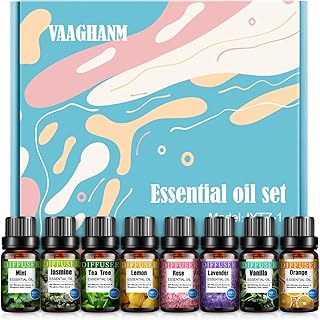 Essential Oils for Diffusers for Home, VAAGHANM 8x10ML Aromatherapy Oils Set-Tea Tree,Mint,Jasmine,Vanilla,Lemon,Rose,Orange and Lavender Essential Oils for Humidifier,Diffusers,Home