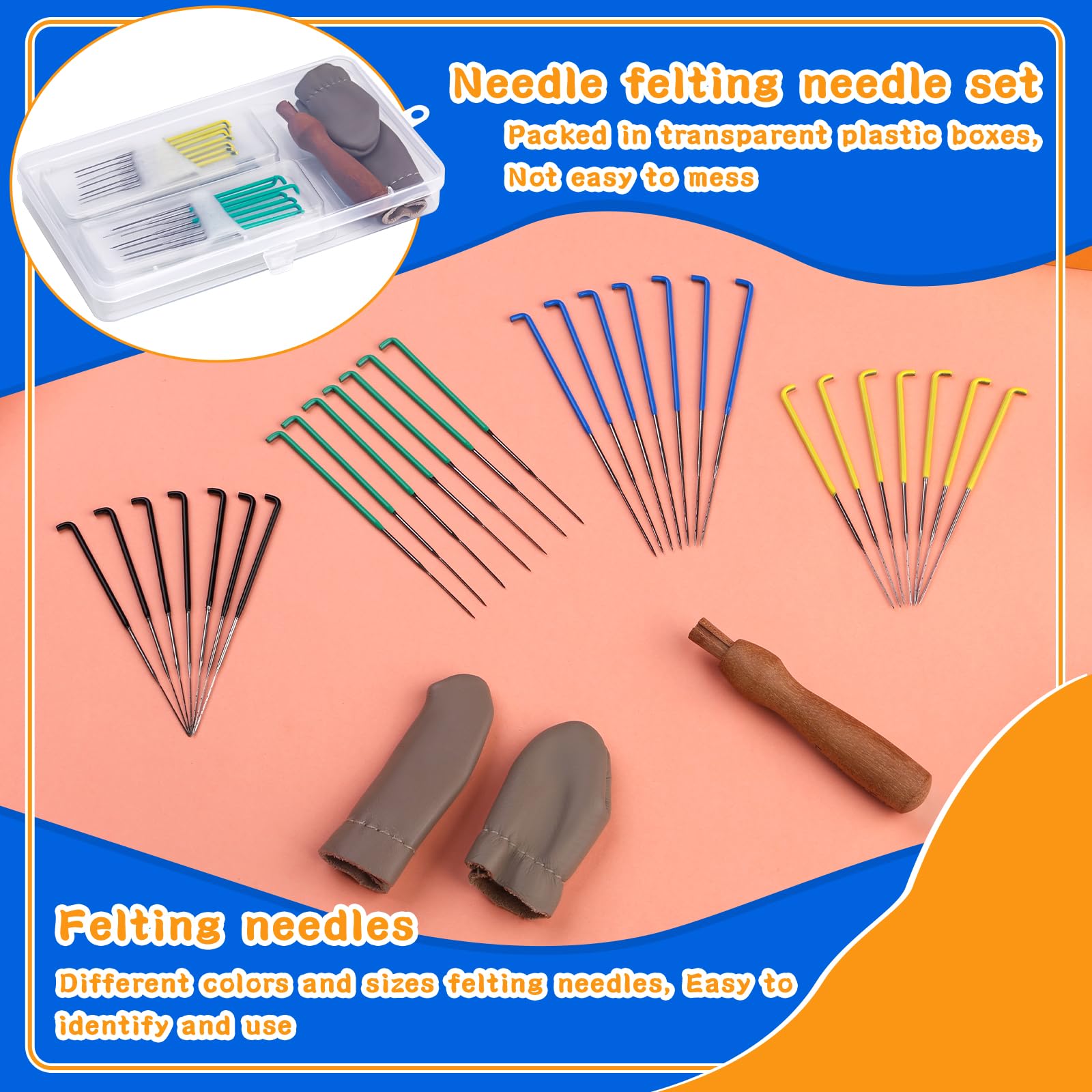 FTEVEN Needle Felting Kit - 28 Needles In 4 Sizes, Wooden Handle, Finger Cots For Wool Craft Beginners