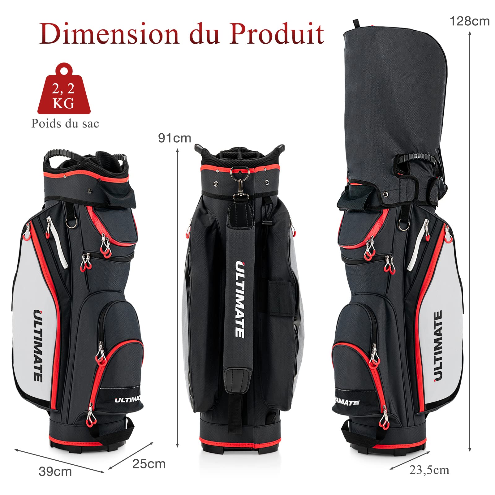 GYMAX Sac pour Chariot de Golf, Grande Capacité avec 14 Compartiments, 8 Poches, Sac pour Golf avec Capuchon de Pluie, Bandoulière