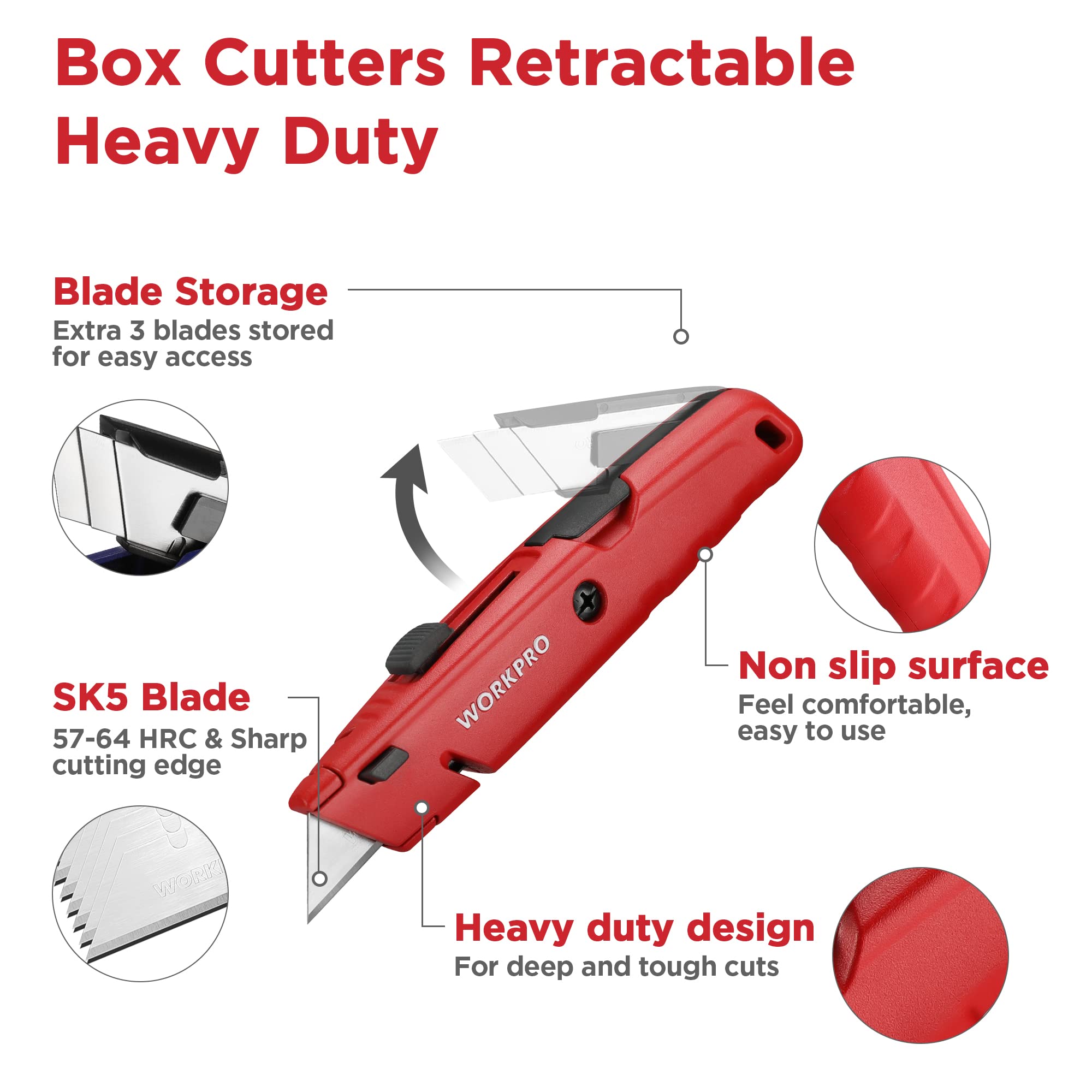 Couteau De Poche Cutter Universel WORKPRO Avec 10 Lames SK5 - Mécanisme Changement Rapide, 4 Positions, Manche Aluminium Antidérapant - Professionnel