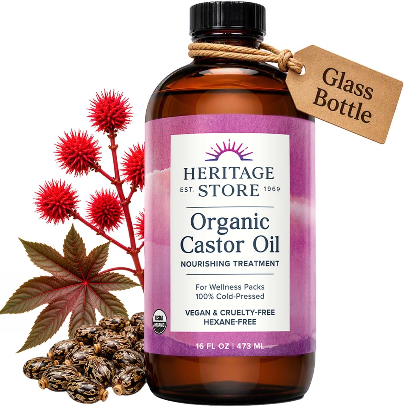 HERITAGE STORE USDA Organic Castor Oil, Cold Pressed, 16 fl oz