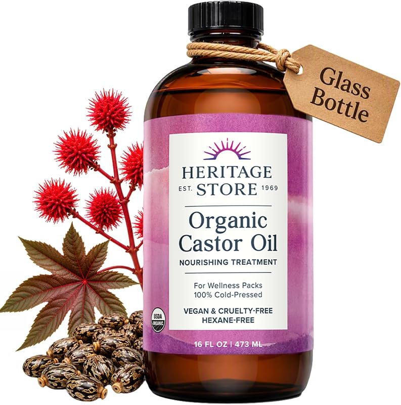 HERITAGE STORE Organic Castor Oil, Cold Pressed Hexane Free, 16 fl oz | Nourishing Treatment for Hair & Skin Care, Eyebrows & Lash Serum, Ideal for Castor Oil Packs, Glass Bottle, Vegan