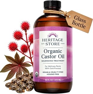 HERITAGE STORE Organic Castor Oil, Cold Pressed Hexane Free, 16 fl oz | Nourishing Treatment for Hair & Skin Care, Eyebrows & Lash Serum, Ideal for Castor Oil Packs, Glass Bottle, Vegan