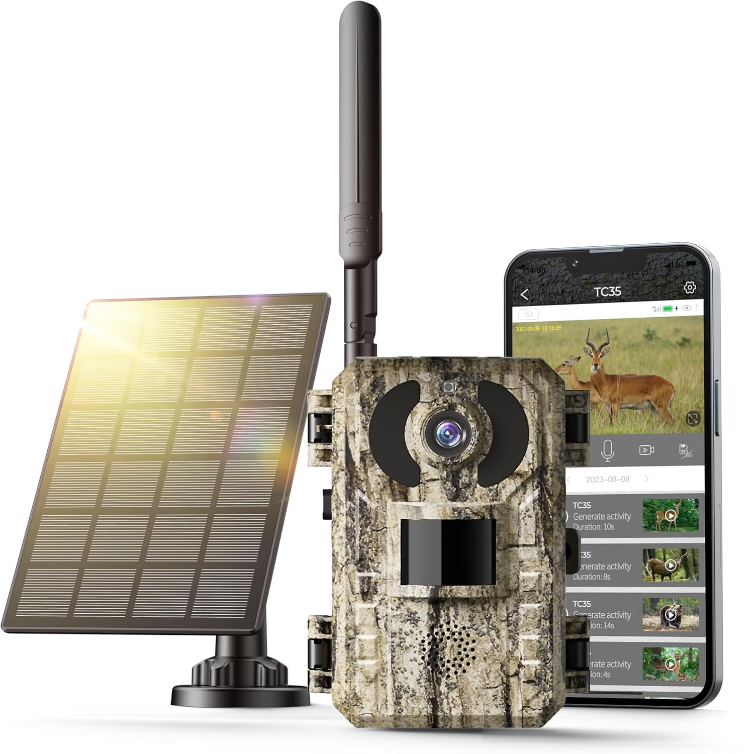 Cámara de Caza 4G LTE Solar con Tarjeta SIM, Fototrampeo 4K sin WiFi, Batería 10400mAh, Visión Nocturna 950nm IR Invisible, Audio Bidireccional, Activación 0.2s, IP66 Impermeable