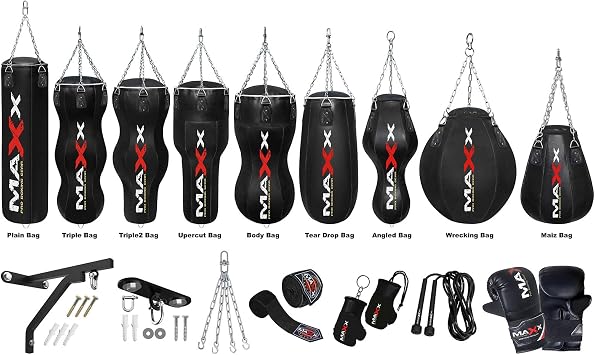 All Black range of Heavy Filled Hanging Boxing Punch Bags All Shapes Uppercut, Triple, Angle, Wrecking, Maize, Body, Punchbag Set 5ft, 4ft, 3ft Includes FREE CHAIN And Accessories