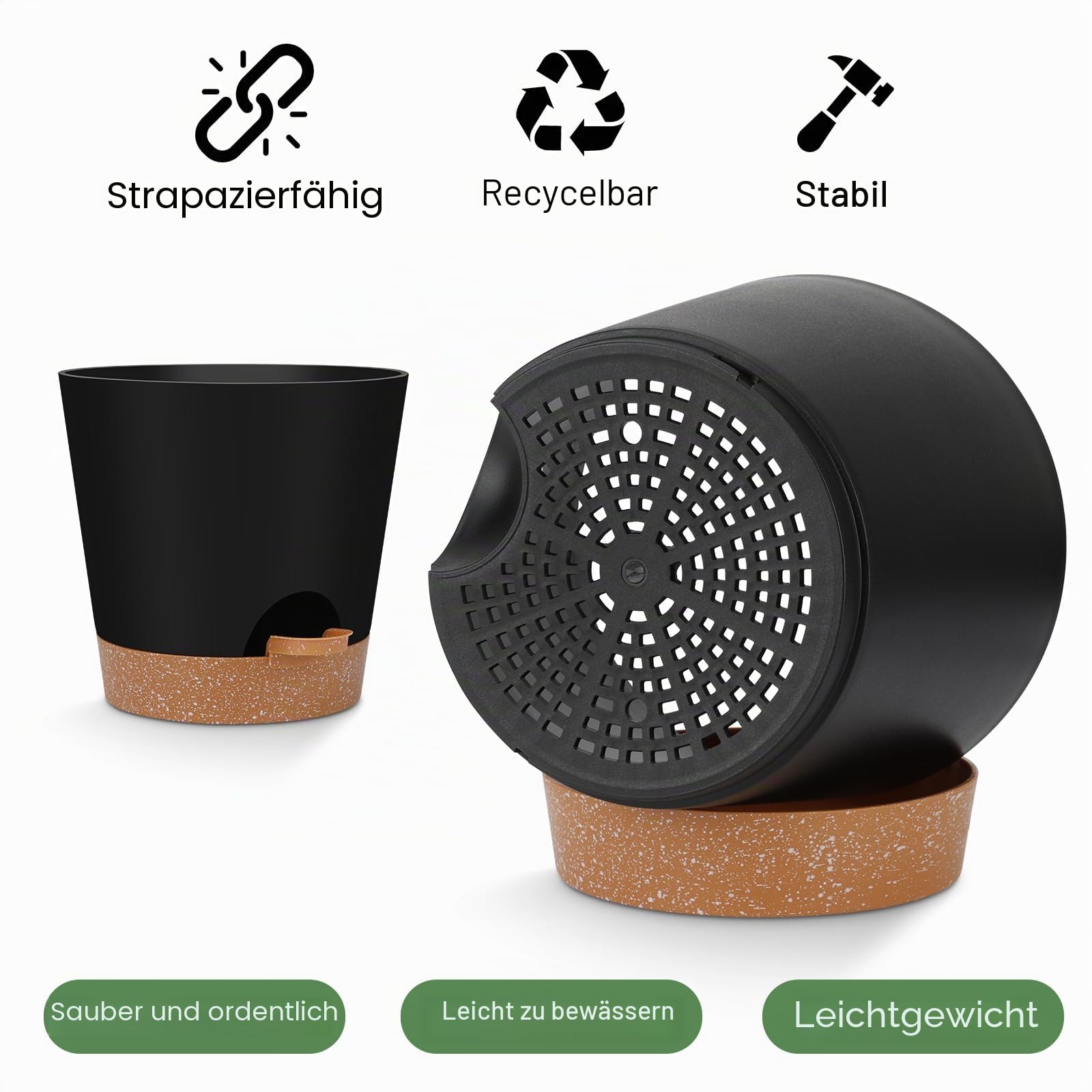 YNNICO Selbstbewässernde Pflanzgefäße für den Innenbereich mit Ablauflöchern und Untersetzern, 20,3 cm, 17,8 cm, 16,5 cm, 14,9 cm, 14,9 cm, Schwarz, 6 Töpfe