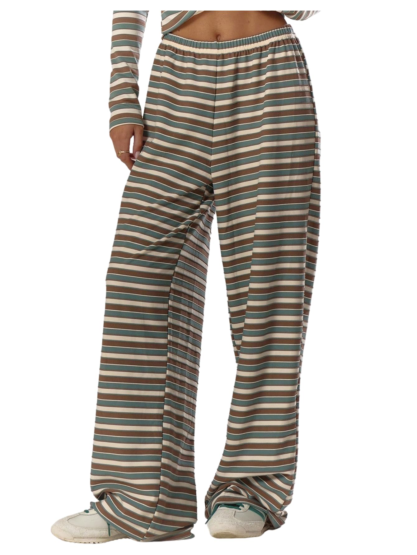MakeMeChic Womens Striped Wide Leg Pants Elastic Waist Baggy Long Trousers