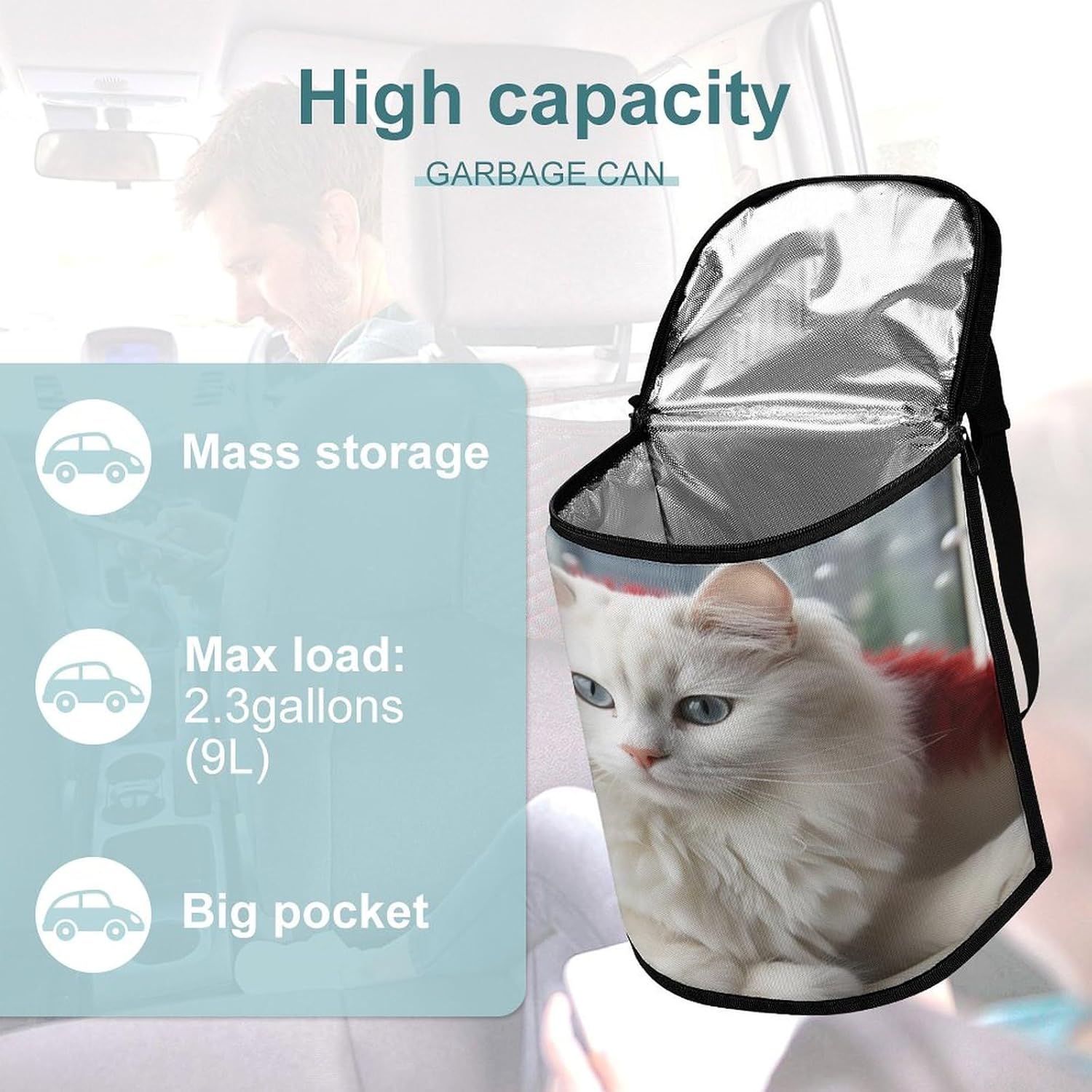 Hanging Car Trash Bag Cute White Cat Printed Car Garbage Storage Bag Leakproof Car Trash Can Portable Garbage Storage Bags