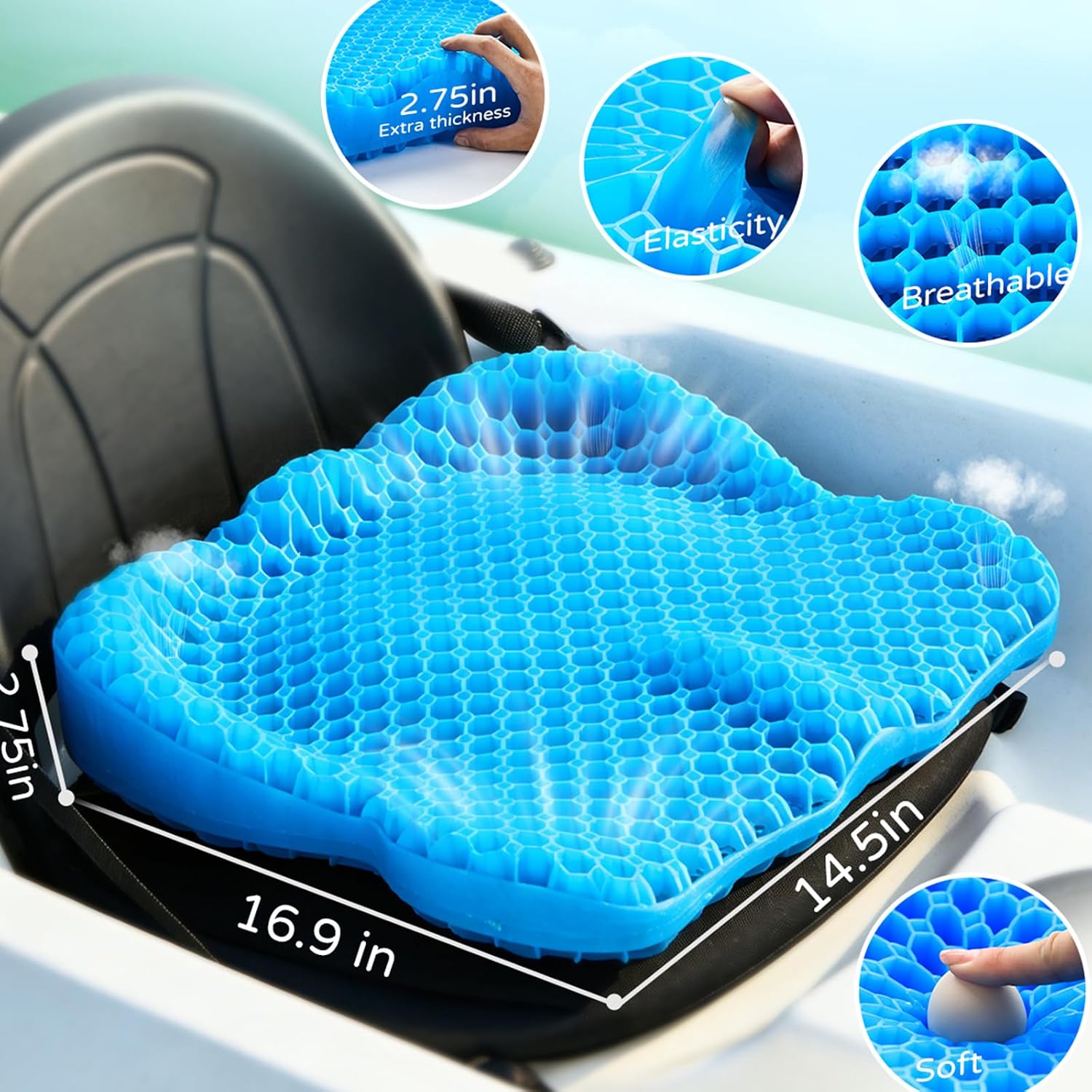 Kayak Gel Seat Cushion, Double Thicken Anti Slip Waterproof Gel Kayak Seat, Kayak Accessories for Fishing, Kayak Fishing Accessories