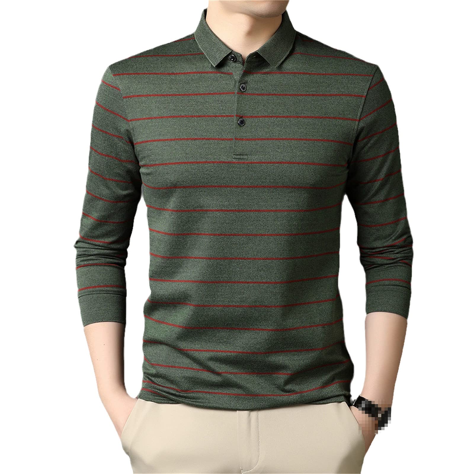 Herren-Polo-Shirt, Herbst, Baumwolle, Business-Casual-Stil, gestreift, langärmlig, grün, M