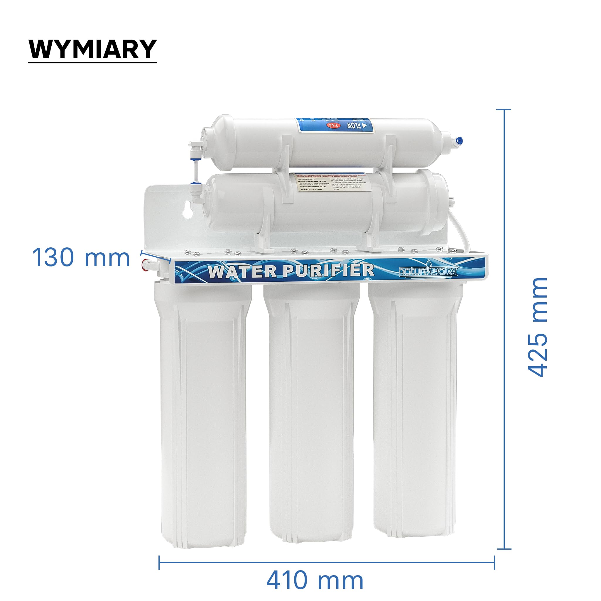 Naturewater NW-PR305 5-stopniowy filtr do wody, 5µ, wkład PP, uchwyt ścienny filtra pod zlewozmywak, klucz do filtra, filtr osadów z węglem aktywnym, kran, wąż 2,5m, krótki zawór trójdrożny kulowy