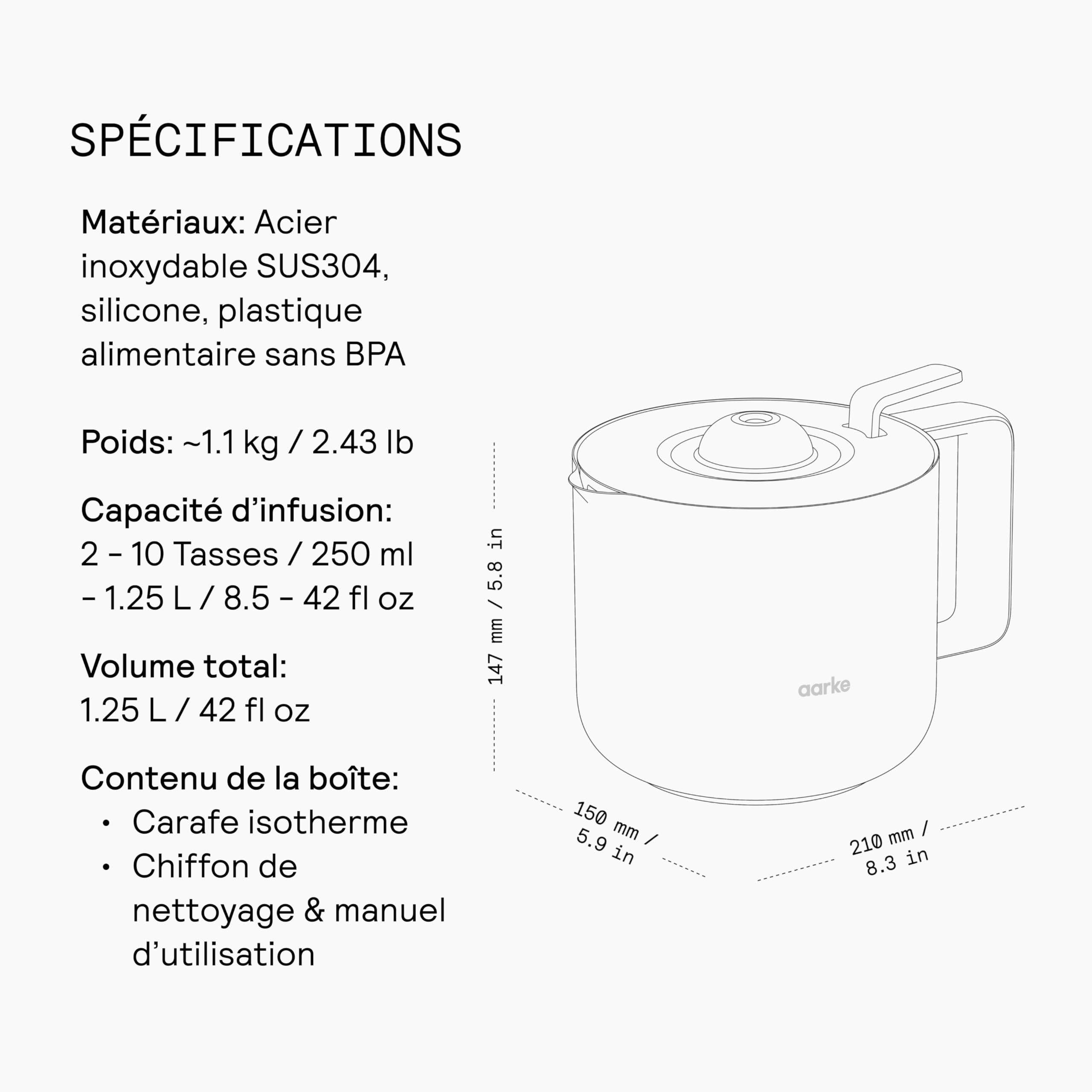 Aarke Carafe Isotherme – Carafe inox à double paroi avec isolation sous vide, valve d'infusion et fermeture automatique – Compatible avec la cafetière