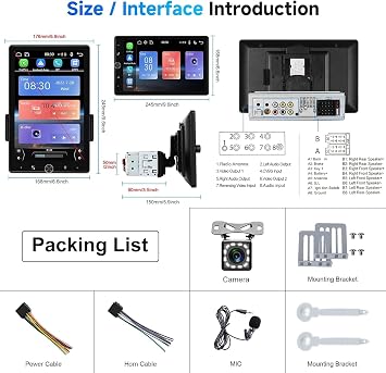 Podofo 10.4 Single Din Radio Car Stereo with Wireless CarPlay & Android Auto, Rotatable Touch Screen, Bluetooth, 16-Band EQ Audio, Mirror Link, SWC, FM, USB, TF, Backup Camera