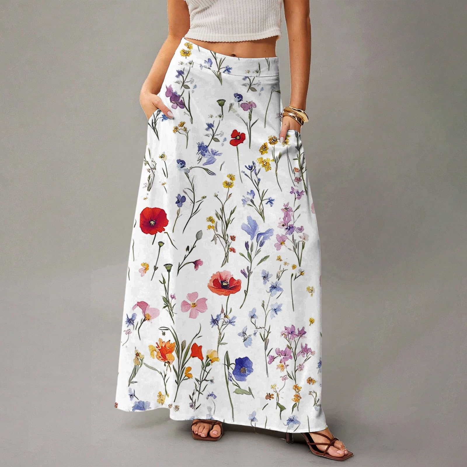 Sommerrock Damen Leicht Und Luftig Boho Röcke Hohe Elastische Taille Maxirock Lang Casual Elegant A-Linie Strandrock Midi Frezeitrock Mit Taschen Gummizug