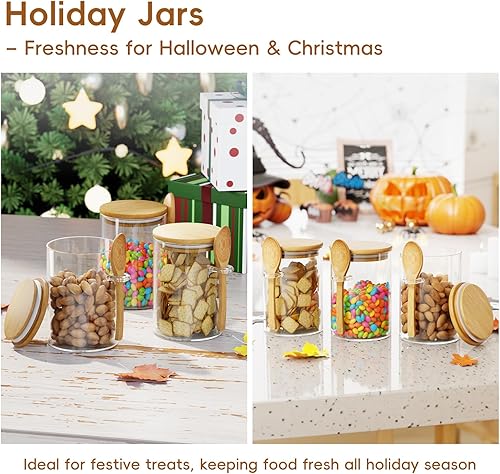 Miniatura 5 de KOIKEY Contenedor de sal de vidrio de 15 onzas con tapa de bambú y cuchara de cuchara, almacenamiento de avena durante la noche, sales, granos de