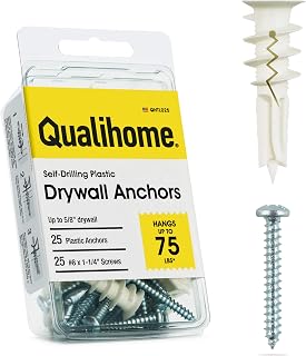 Qualihome #8 Self-Drilling Drywall Anchors with Screws - 75 Lbs Hold, No Pre-Drill, Heavy Duty Plastic for Drywall (25 Pack)