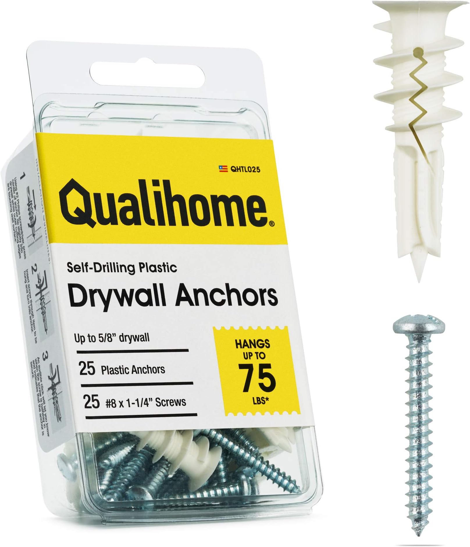 Qualihome Drywall Anchors with Screws – Self-Drilling Drywall Anchors, Anti-Spin Grip, No Pre-Drill Wall Anchor Kit, Strong & Reliable Hold, 25 Pack (50 Pieces)