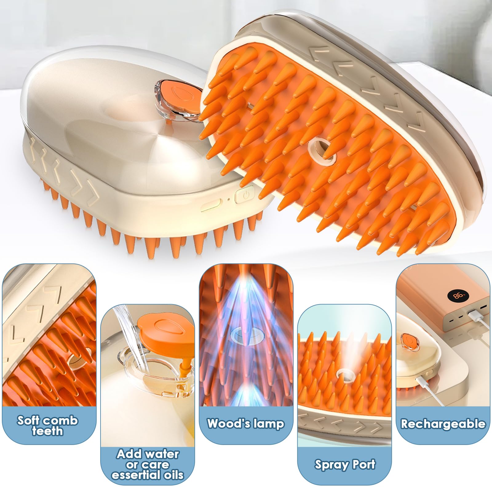 4 in 1 Cat Steam Brush for Shedding - Rechargeable Pet Grooming Tool With Electric Massage, Lamp and Cleaning Features - Image 2
