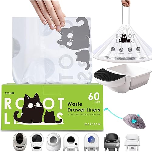 60 Tidy Draw-Pack Cat Litter Box Robot 5/4/3 Waste Bags,Tear-free, Sensor-compatible, Automatic Litter Box Bags, Thick Heavy Duty Cat Litter Box Liner Bags 26.3 X15.7 IN