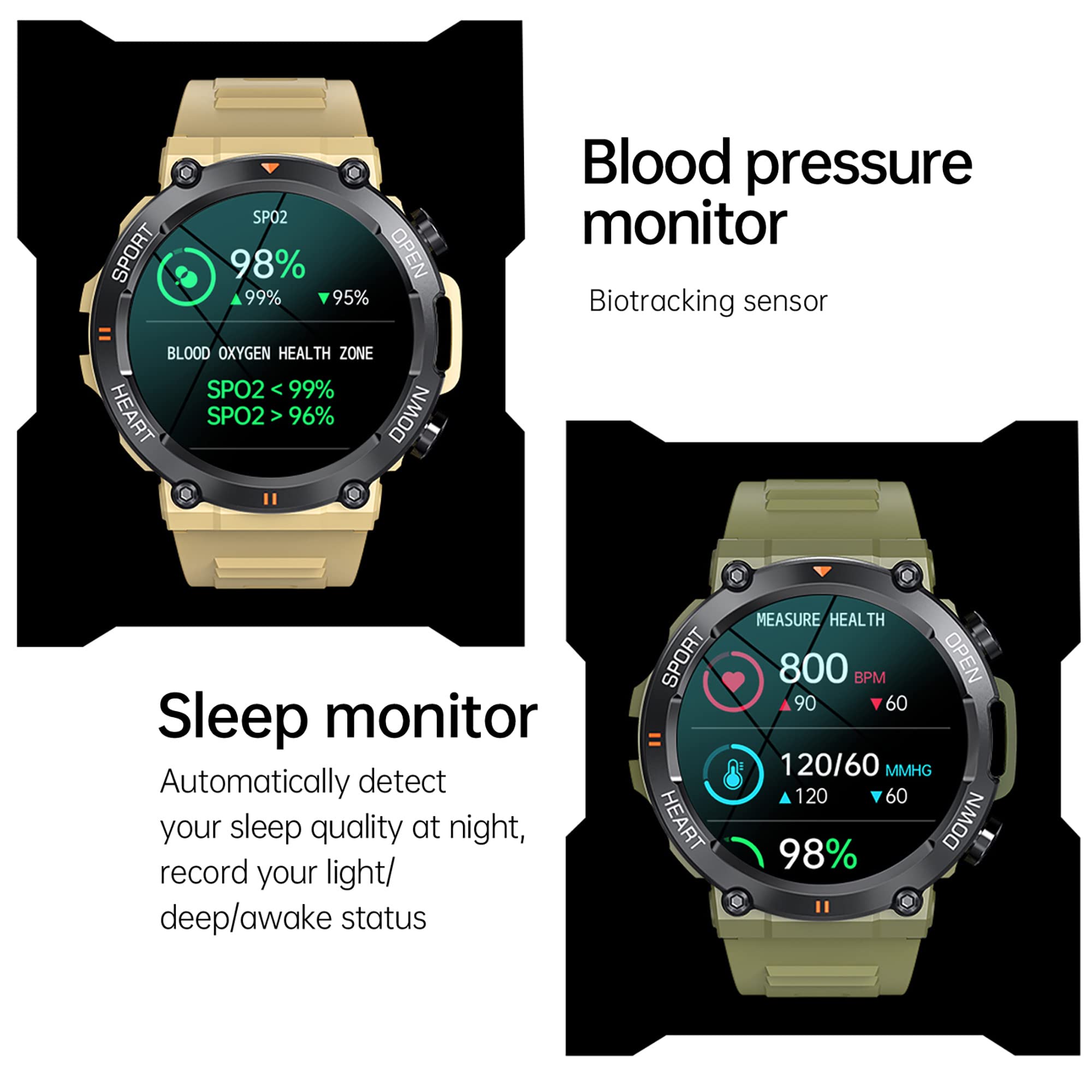 Militär Uhr Smartwatch Blutdruck Herren Armbanduhr Smartwatches mit Telefonfunktion IP68 Wasserdicht Sportuhren Outdoor Tactical Watch Military Schwarz Fitnessuhr für Männer Ios Android Schrittzähler