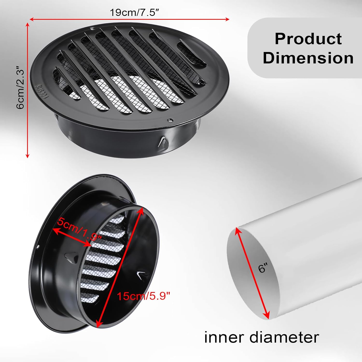 4 Pack 6 Inch Stainless Steel Air Vent Black Soffit Vents Round Vent Cover Soffit Exhaust Vents with Built-in Fine Mesh for Kitchen, Bathroom, Garage, Office and Warehouse Ventilation