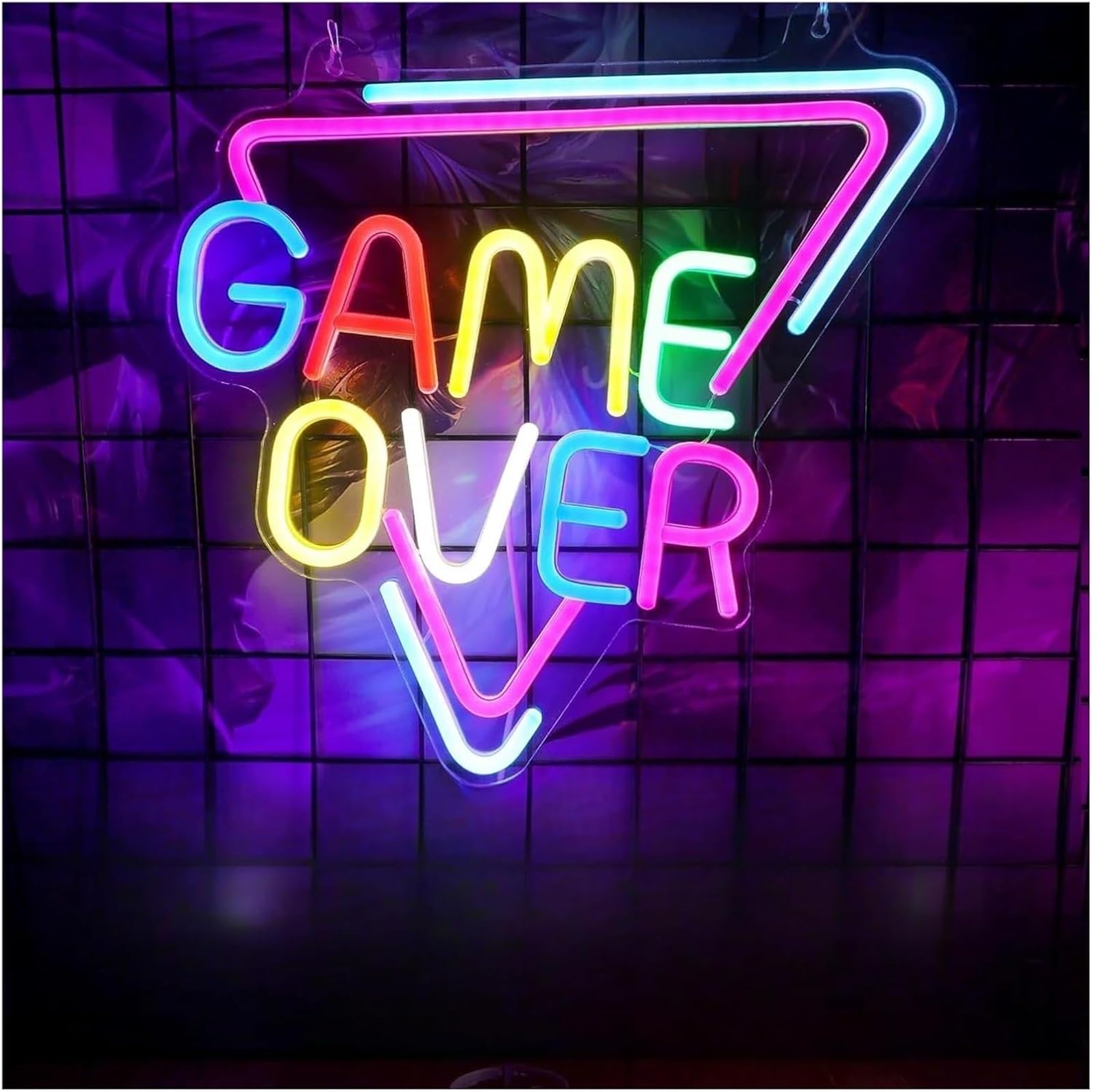 Letrero de neón LED "GAME OVER" para decoración pared sala juegos, 30 x 32,8 cm