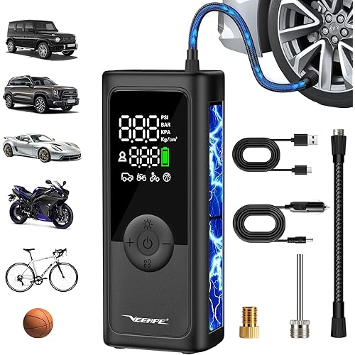 VEEAPE Powerful Mini Bike Tire Pump - Max 120PSI Portable Electric Bicycle Air Pump with Fast Inflation Auto Stop - Bicycle Inflator with Presta and Schrader Valve for E-Bike & Various Bicycles Balls