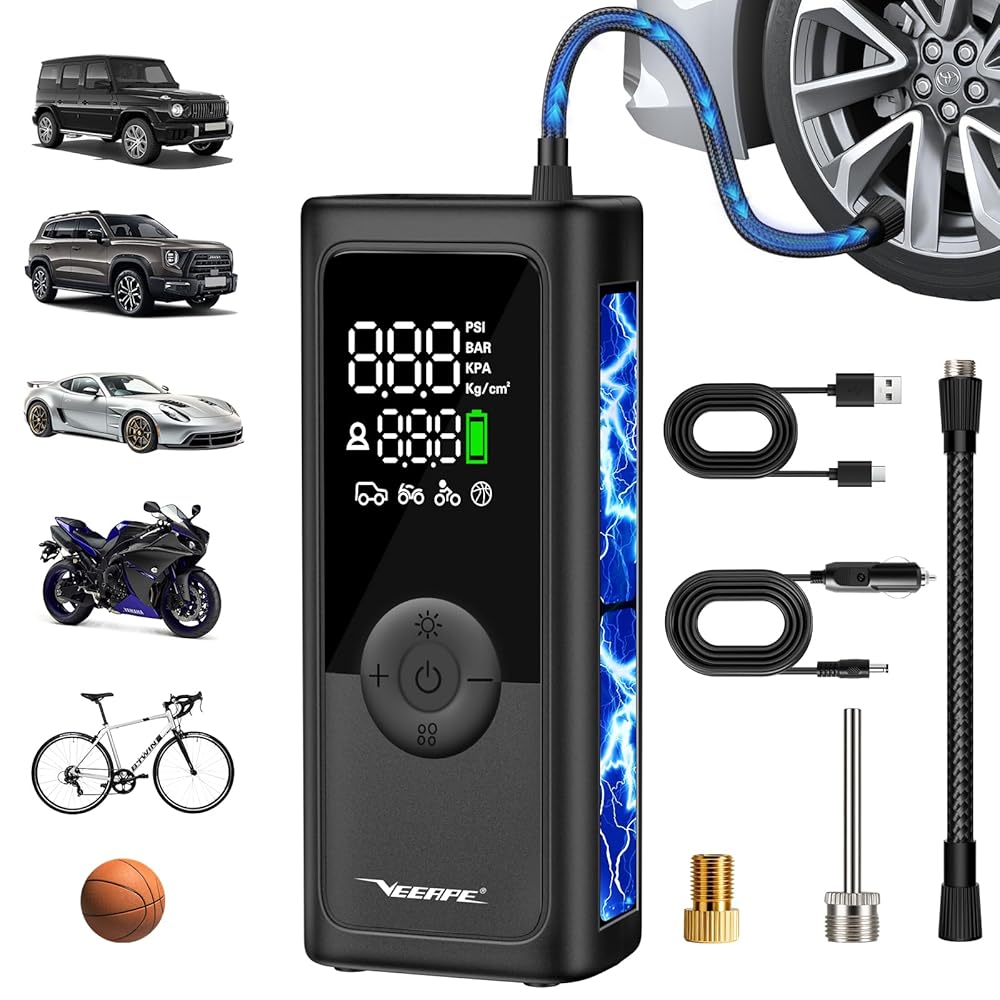 VEEAPE Tiny Pump Mini Bike Tire Pump - Max 120PSI Portable Electric Bicycle Air Pump with Auto Stop - Bicycle Inflator with Presta and Schrader Valve for E-Bikes & Various Bicycles Car Tire Air Pump