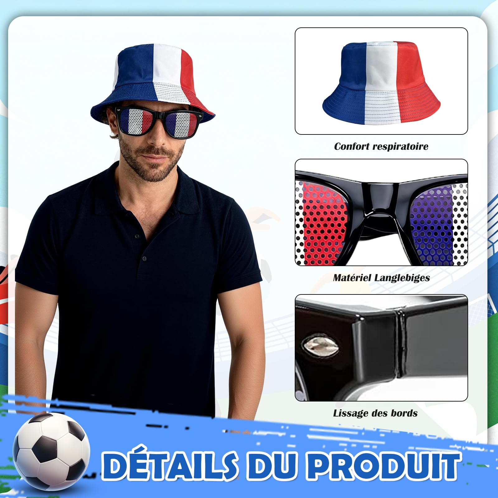 Kit Supporter France 8 Pièces Accessoires Tricolores Chapeau Lunettes Drapeaux Bracelet Autocollants Bleu Blanc Rouge Maillot Equipe De France Foot 2026