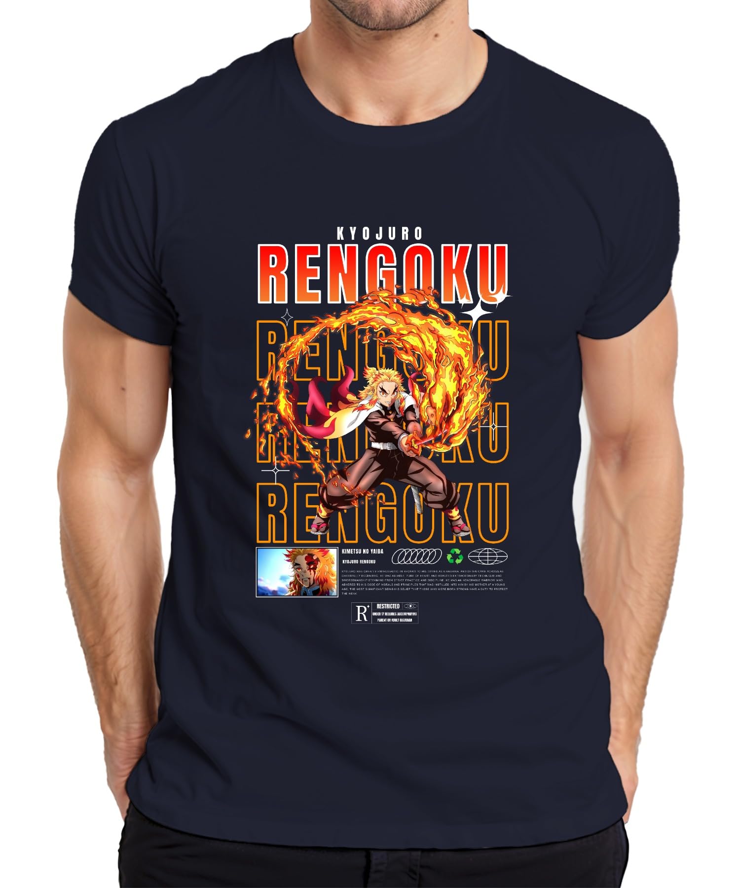 Printera Men's Navy Rengoku Kyojuro Kimetsu No Yaiba Flame Hashira Anime Gift T-Shirt, M