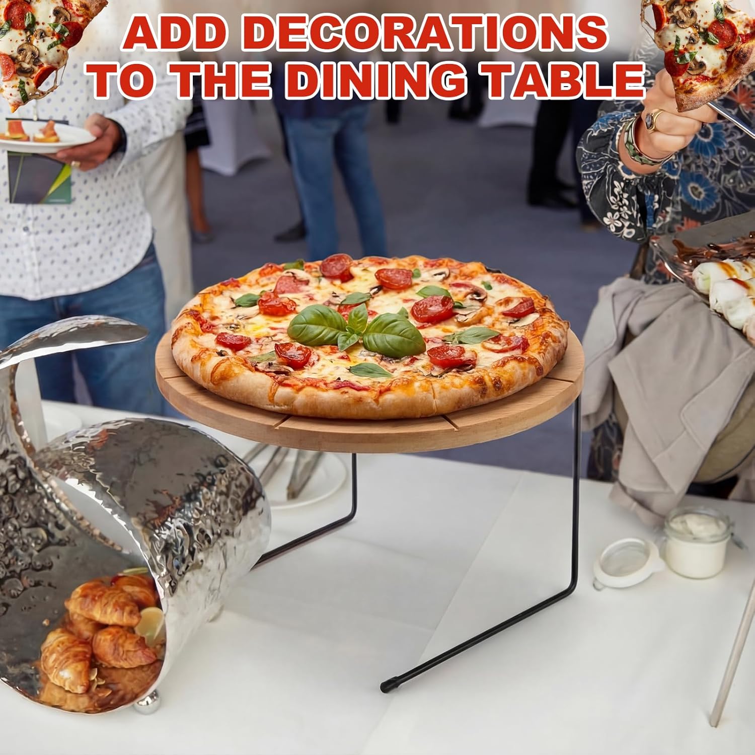 LemonRoad 12 Pcs Pizza Pan Riser Stand Set 4 Metal Table Stands 4 Pcs 12'' Bamboo Wooden Pizza Pans Tray with Cutting Grooves 4 Wood Handle Pie Server Spatulas for Baking Dessert Restaurant Party Use