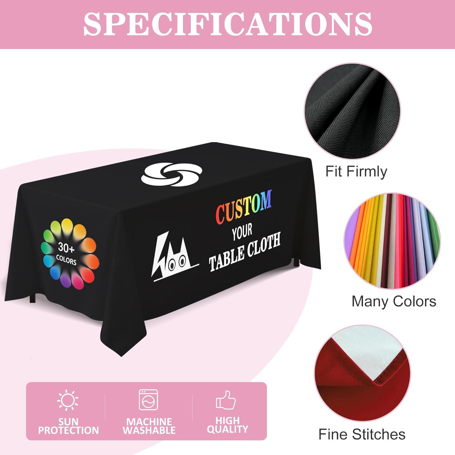 Custom Table Cloth with Business Logo, Personalized Table Cloth with Logo and Text for 4/5/6/8/10 Ft, Tablecloth with Logo for Tradeshow Events, Birthday, Parties (4FT Open Back)