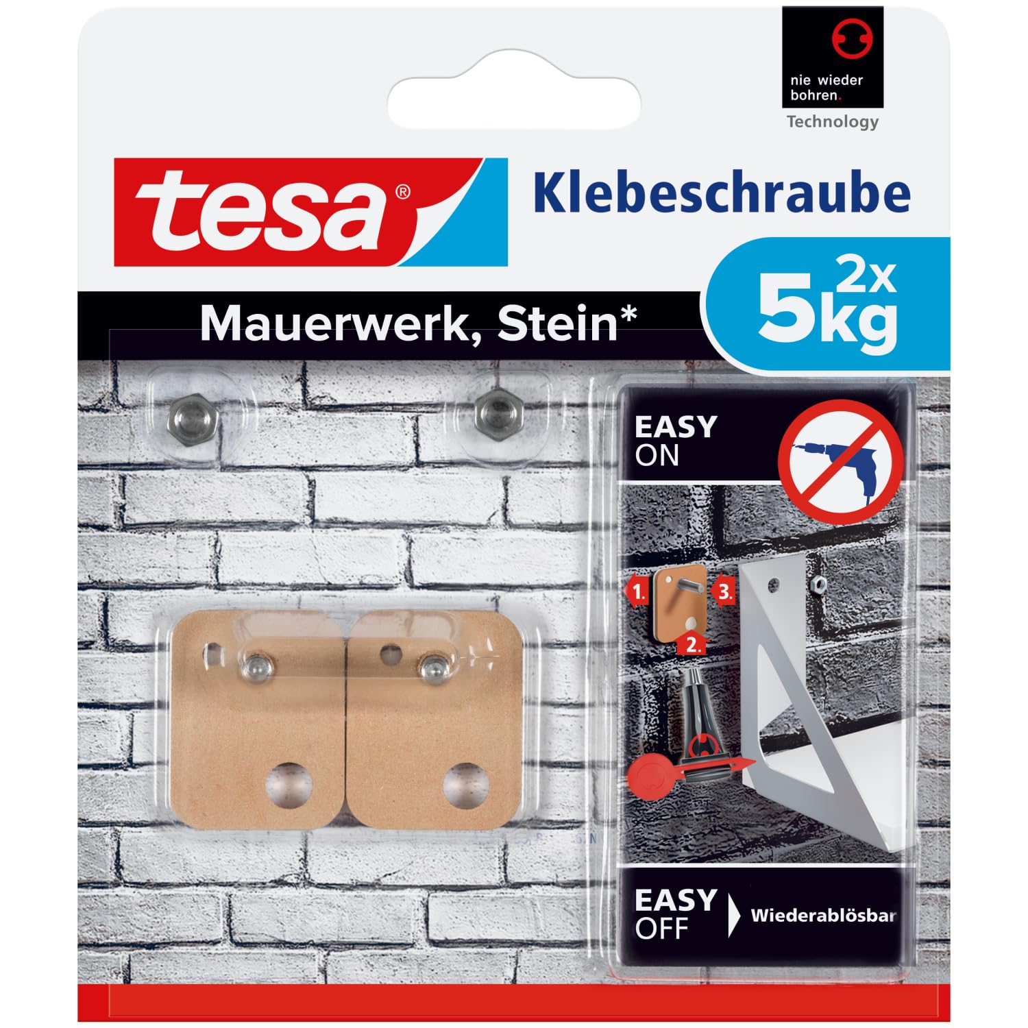 tesa Klebeschraube für Mauerwerk und Stein, Halteleistung 5 kg, viereckig, 2 Stück