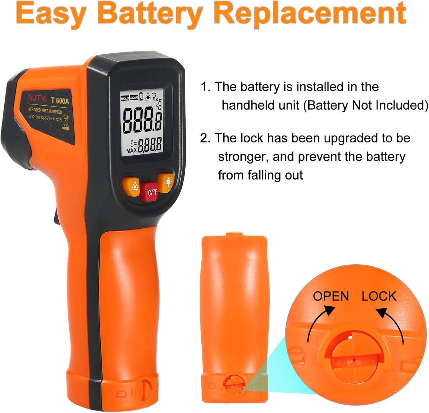 Karlak T600A Infrared Thermometer with a clear backlit LCD display.