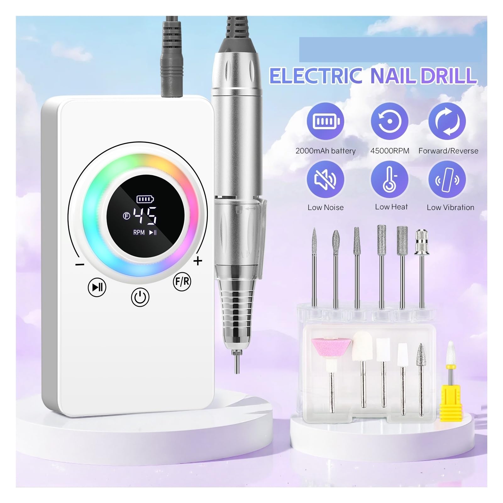 Trapano per unghie, Trapano elettrico for unghie 45000 giri/min, kit for manicure portatile ricaricabile senza fili con display LCD(Groen)