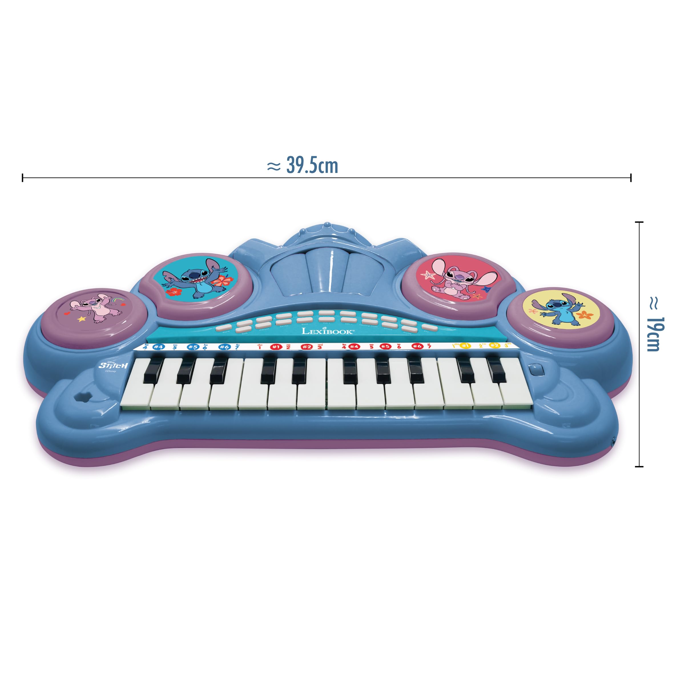 Lexibook, Tastiera pianoforte elettronica Disney Stitch, 8 tonalità, 4 ritmi, modalità di apprendimento luminosa, microfono e sgabello inclusi, K707D