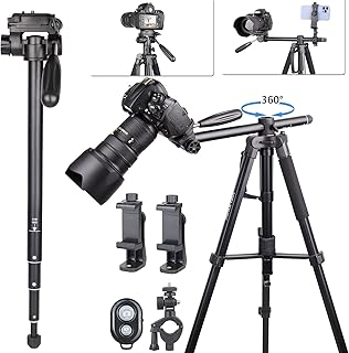 79” Camera Tripod Newly Upgraded 3-in-1 Multifunctional Tripod Compatible with All Cameras, Cell Phones, Projector, Webcam, Spotting Scopes （Extra Gift: QR Plates,Phone Clip,Wireless Remote