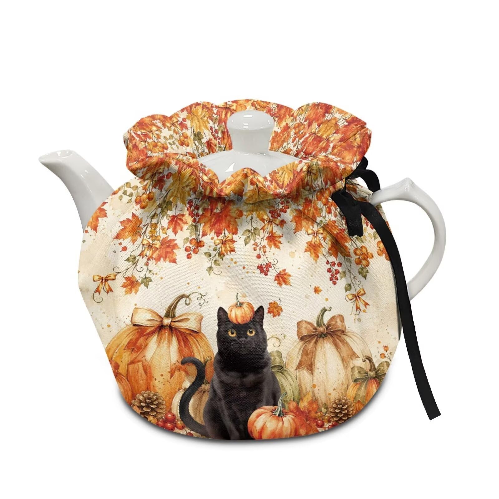Fall Bow Tea Cozy Cover Insulated Dust Cover for Teapot Black Cat Tea Pot Covers for Keeping Warm Kettle Protector Covers Washable Portable Party Decoration