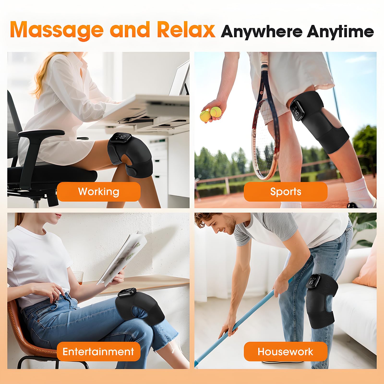 Kabellose Beheizte Kniebandage, 3 einstellbare Heiz- & Vibrationsmodi, 2000mAh Knie Massagegerät mit LED-Bildschirm & Touch-Tasten, 15 Minuten Zeit (Heated Knee Support)