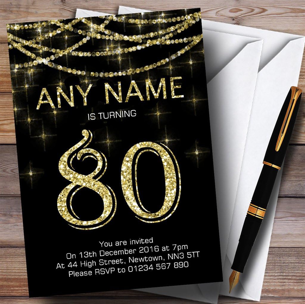 Black & Gold Sparkly Garland 80th Personalized Birthday Party Invitations